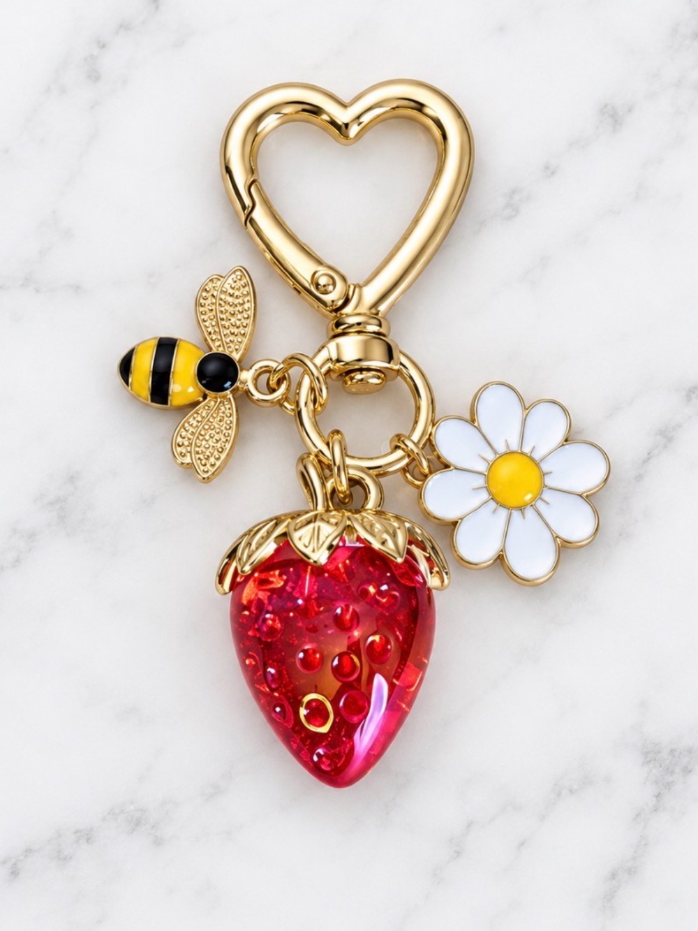 Bag Charm/Keyring-Strawberry with bee and Flower Charms-Gold Hardware